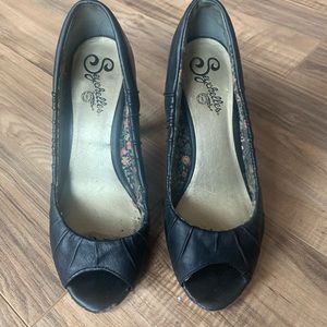 Black leather peep toe heels